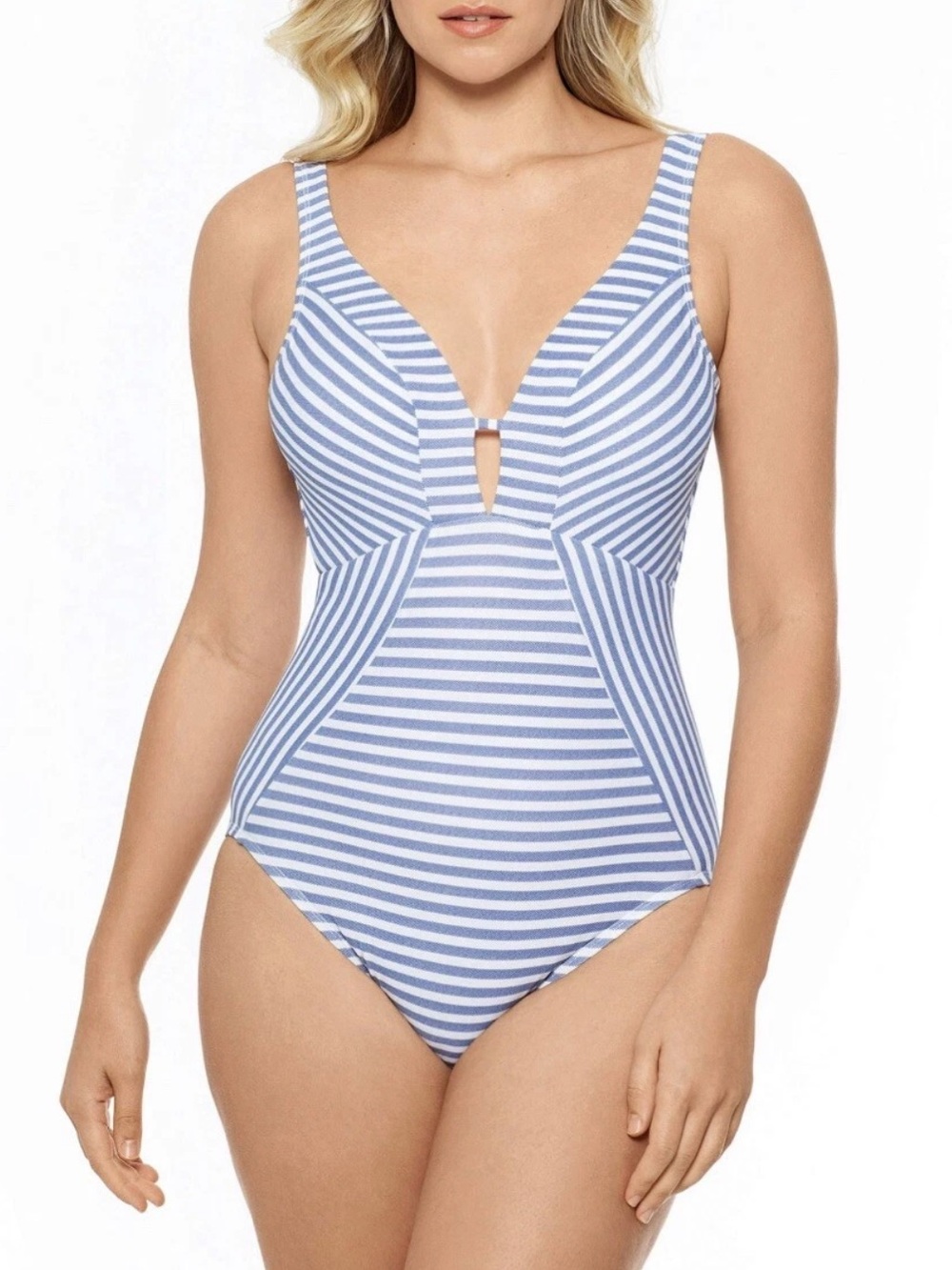 Time and Tru Blue and White Striped Coastal One-Piece Swimsuit size Medium 8-10